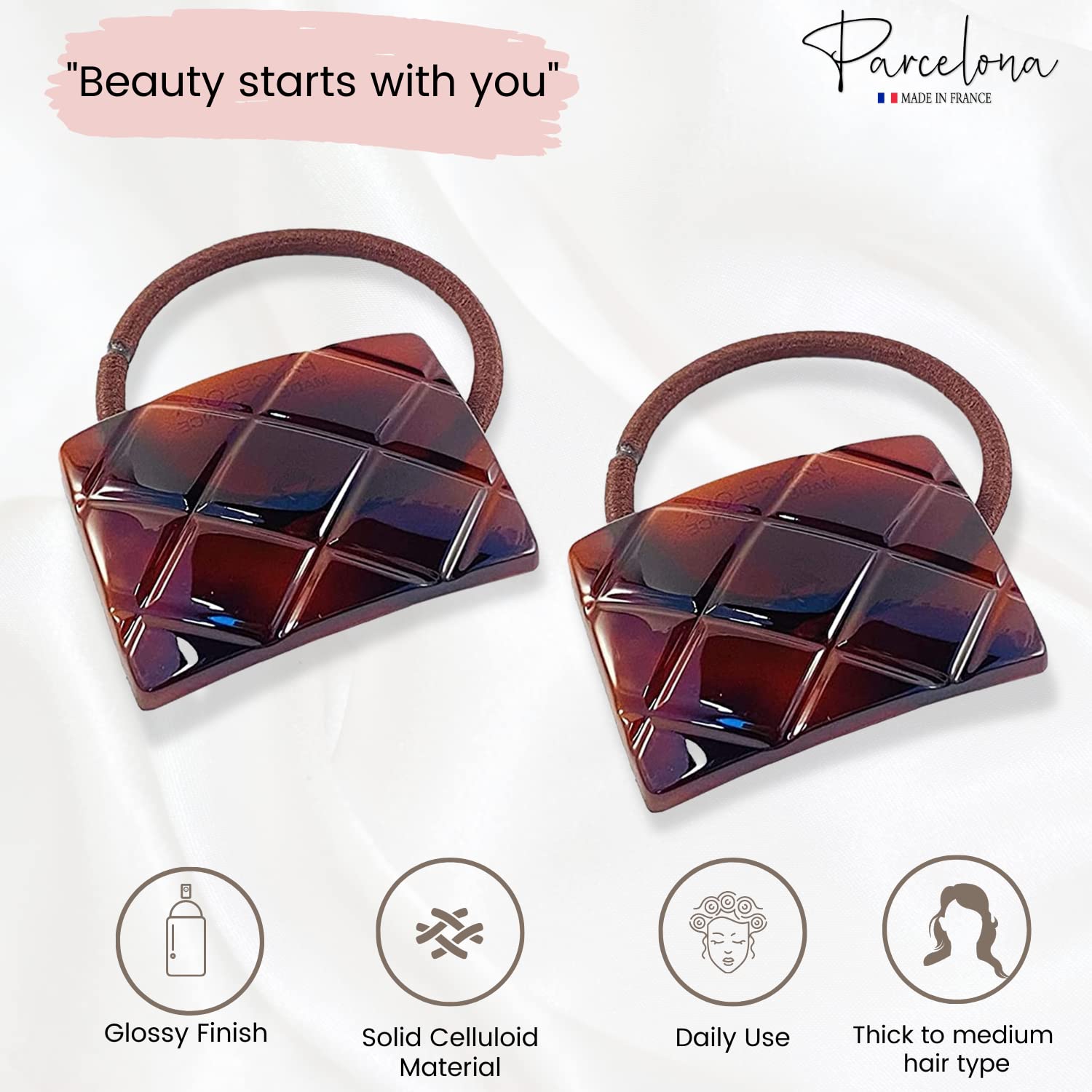 Parcelona French Quilted Rectangle Shell  Elastic Flexible Hair Ties