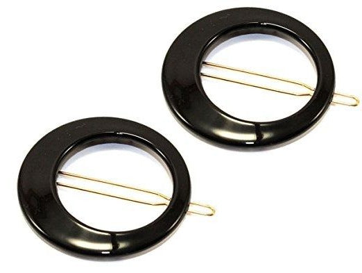 Parcelona French Circle Set of 2 Black Round Snap on Hair Clip Barrette