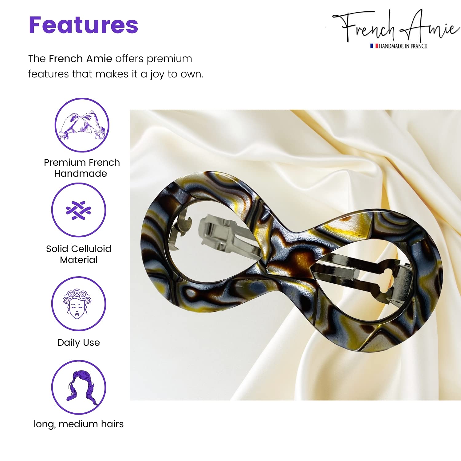 French Amie Infinity Loop 3” Cellulose Handmade Automatic Hair Barrette
