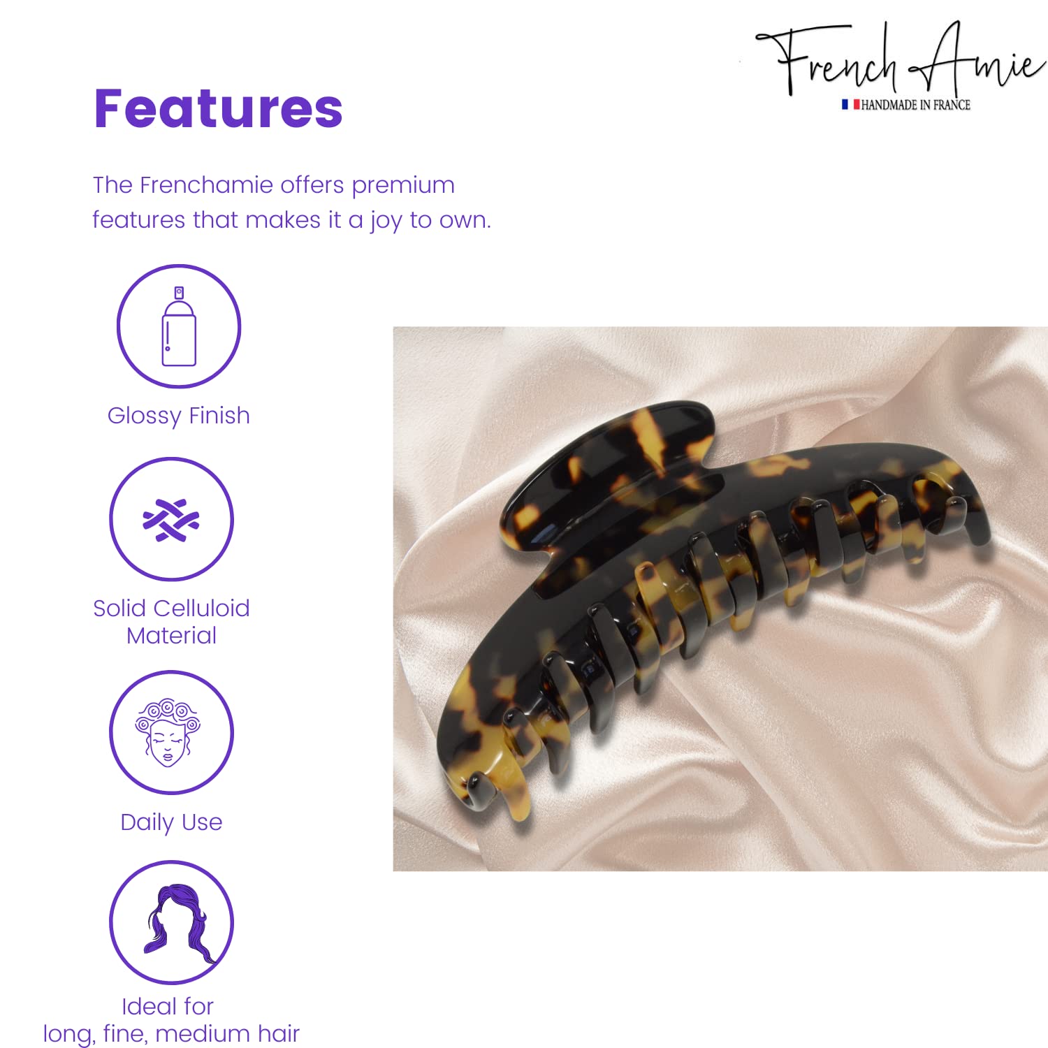 French Amie Contour Large 4 ¾” Cellulose Handmade Jaw Hair Claw Clip for Women