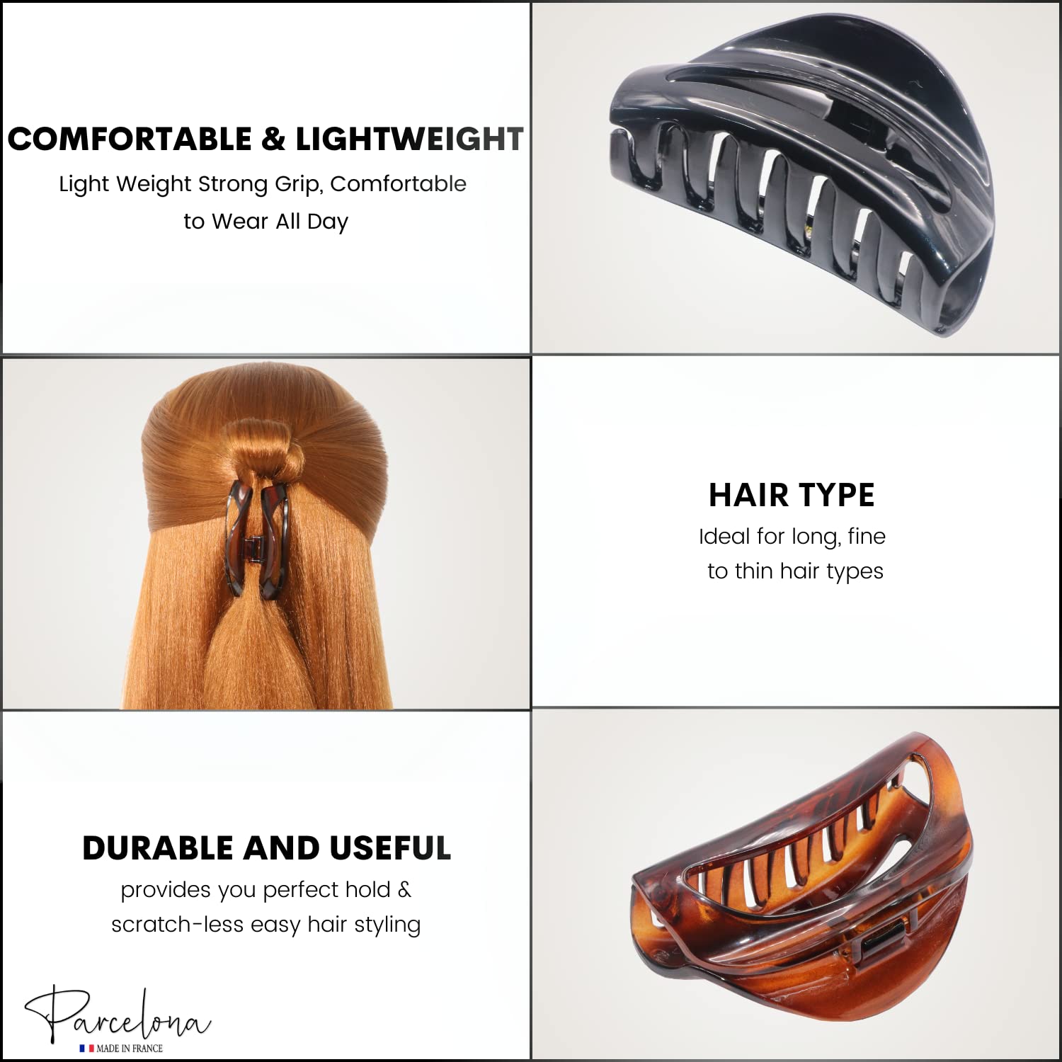 Parcelona French Vrille Cutout Black N Shell Small Celluloid Hair Claws(2 Pcs)