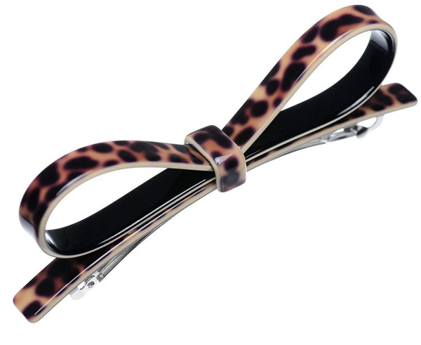 French Amie Sleek Bow Leopard Brown Large Handmade Celluloid Hair Clip Barrette