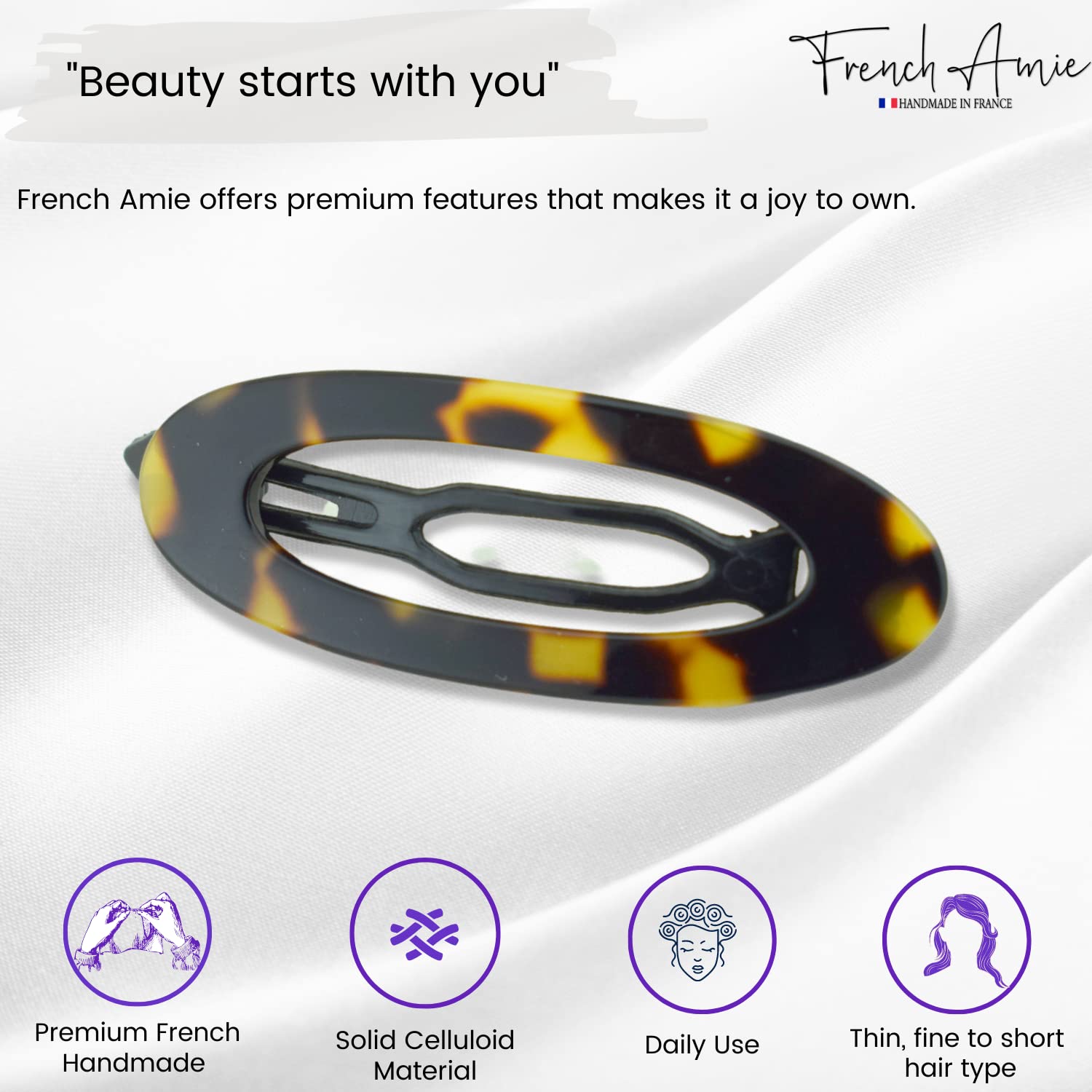 French Amie Oval Cut Out Small Handmade Cellulose Snap Hair Barrette for Women