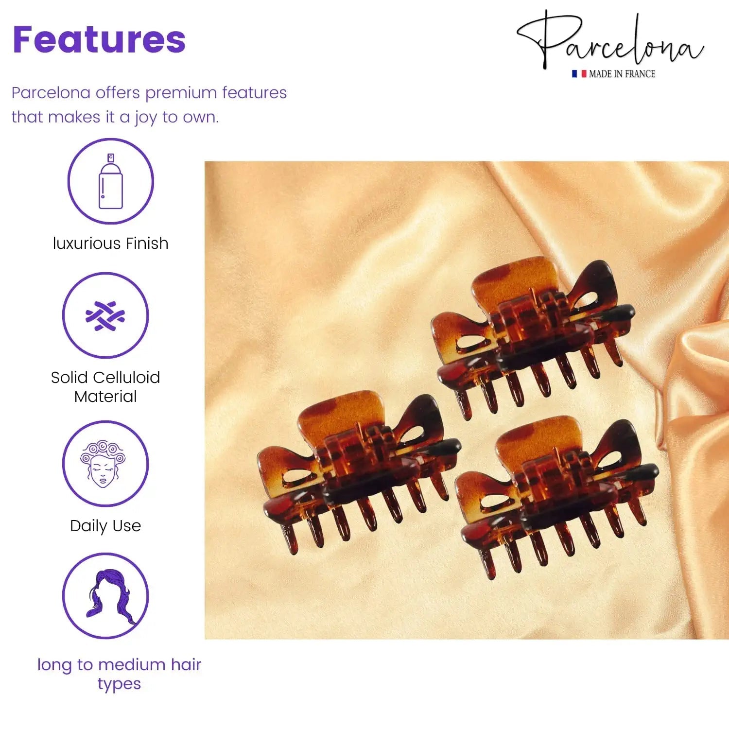 Parcelona French Classic 1.5" Small Celluloid Set of 3 Hair Claws for Women