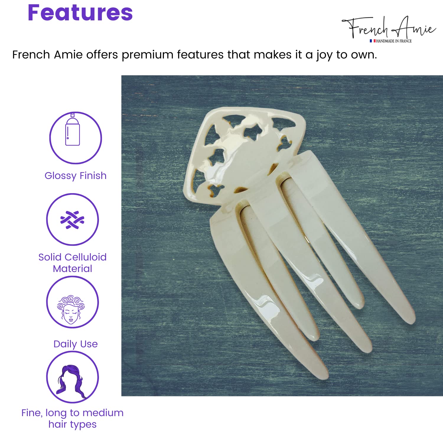 French Amie Medium 3" Handmade Celluloid Side Slider Pelican Hair Claw Clip