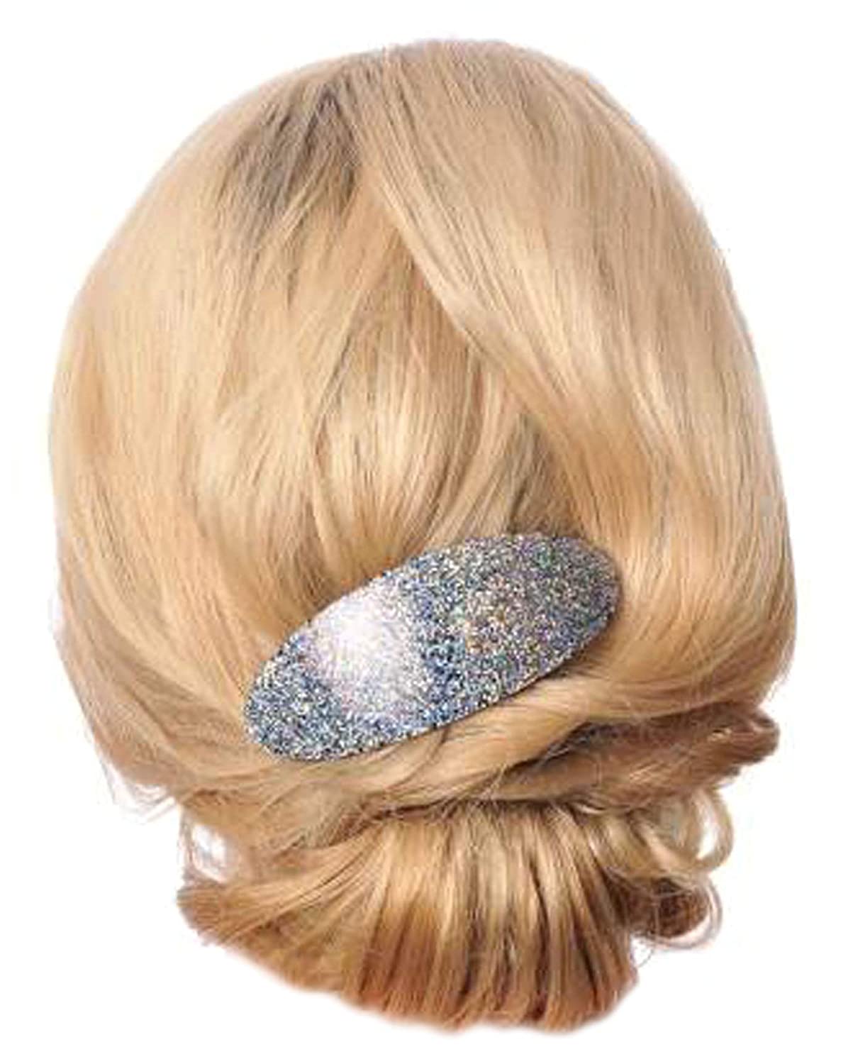 French Amie Glittery Oval Silver Large Handmade Cellulose Hair Clip Barrette