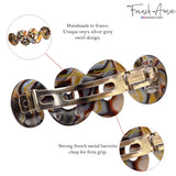 French Amie Swirls Onyx Celluloid Handmade Hair Clip Barrette with Silver Clasp