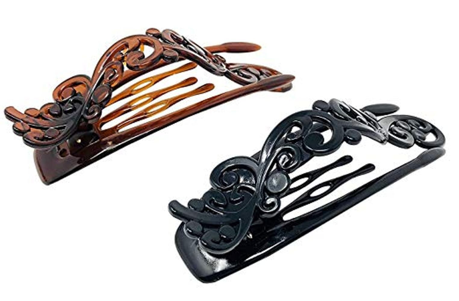 Parcelona French Floral Shell N Black Side Slide Beak Hair Claw Clip- Set of 2