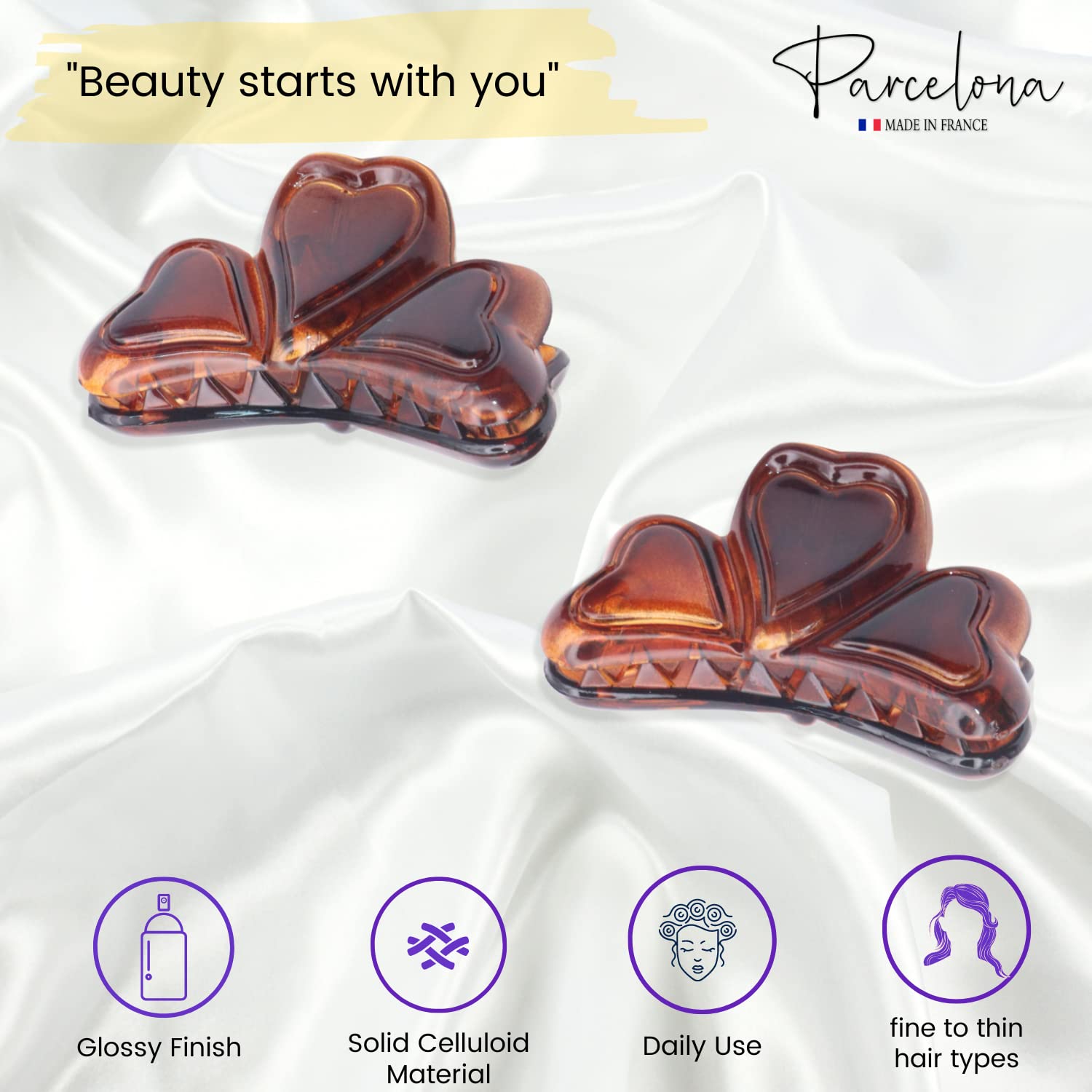 Parcelona French Love Hearts Very Small Shell Celluloid Set of 2 Hair Claws