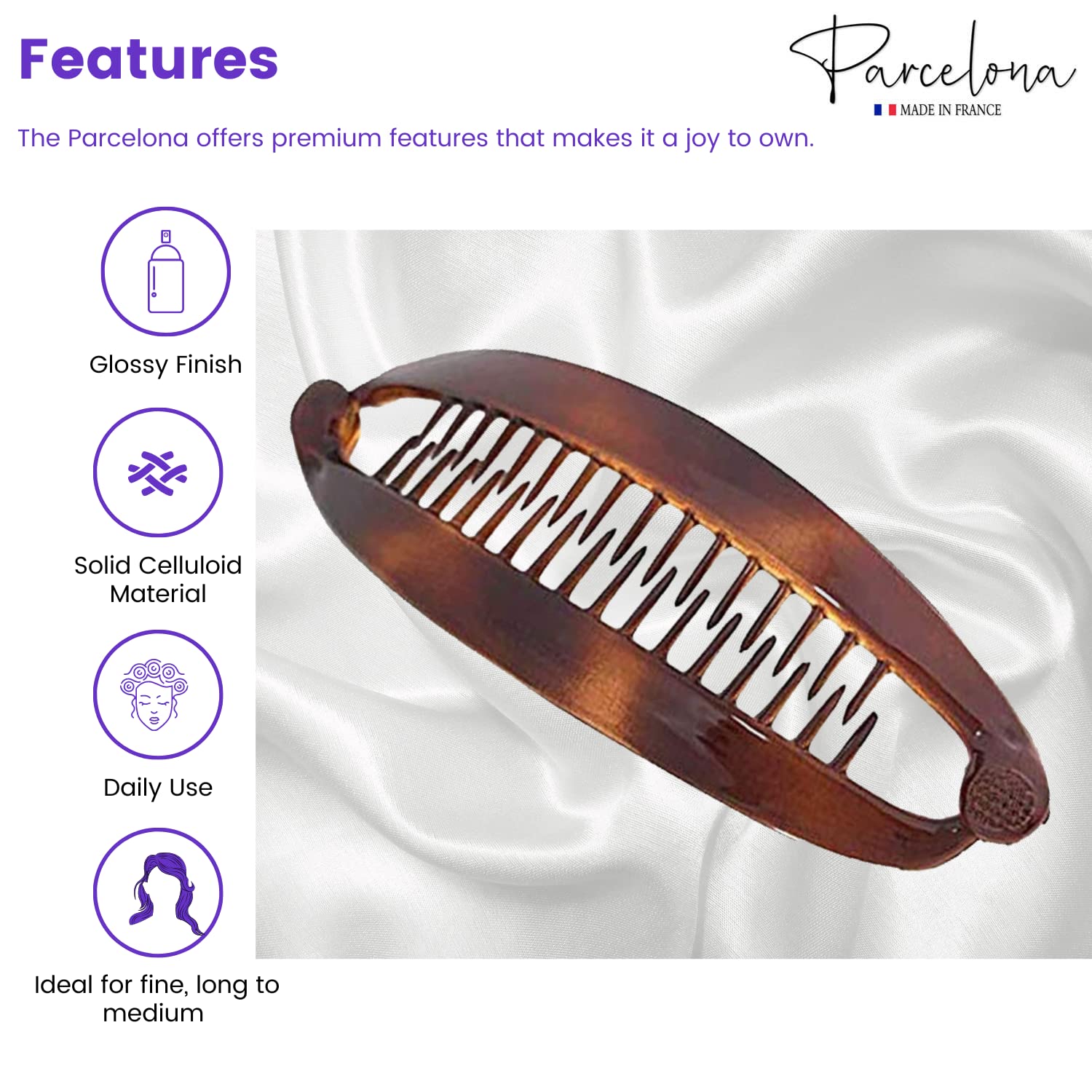 Parcelona French Curved Shell Medium Celluloid Ponytail Holder Banana Hair Clip