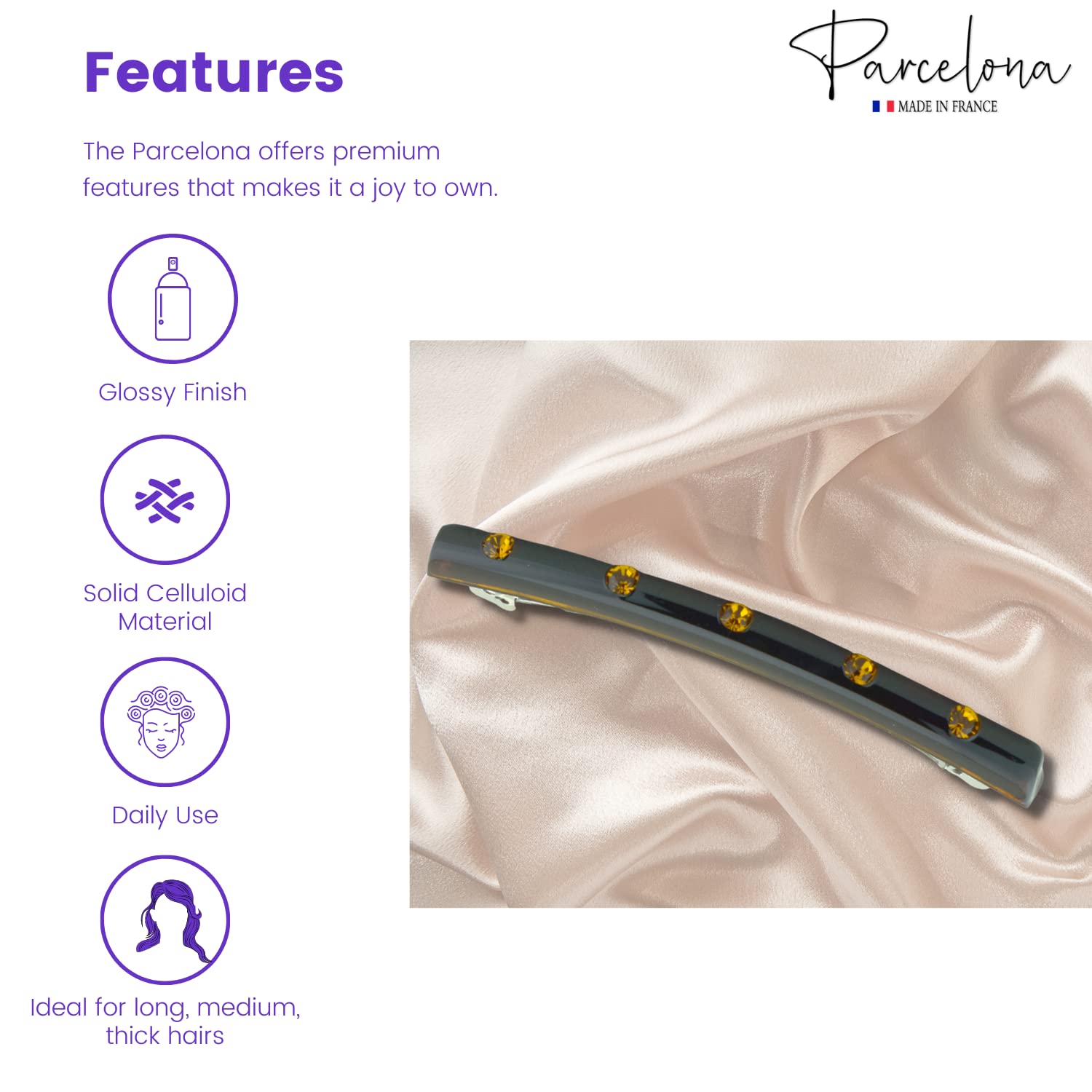 Parcelona French Long Narrow Crystals Large Celluloid Acetate Hair Clip Barrette