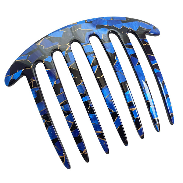 French Amie 7 Teeth Blue and Black Mosaic Handmade Side Hair Comb for Women