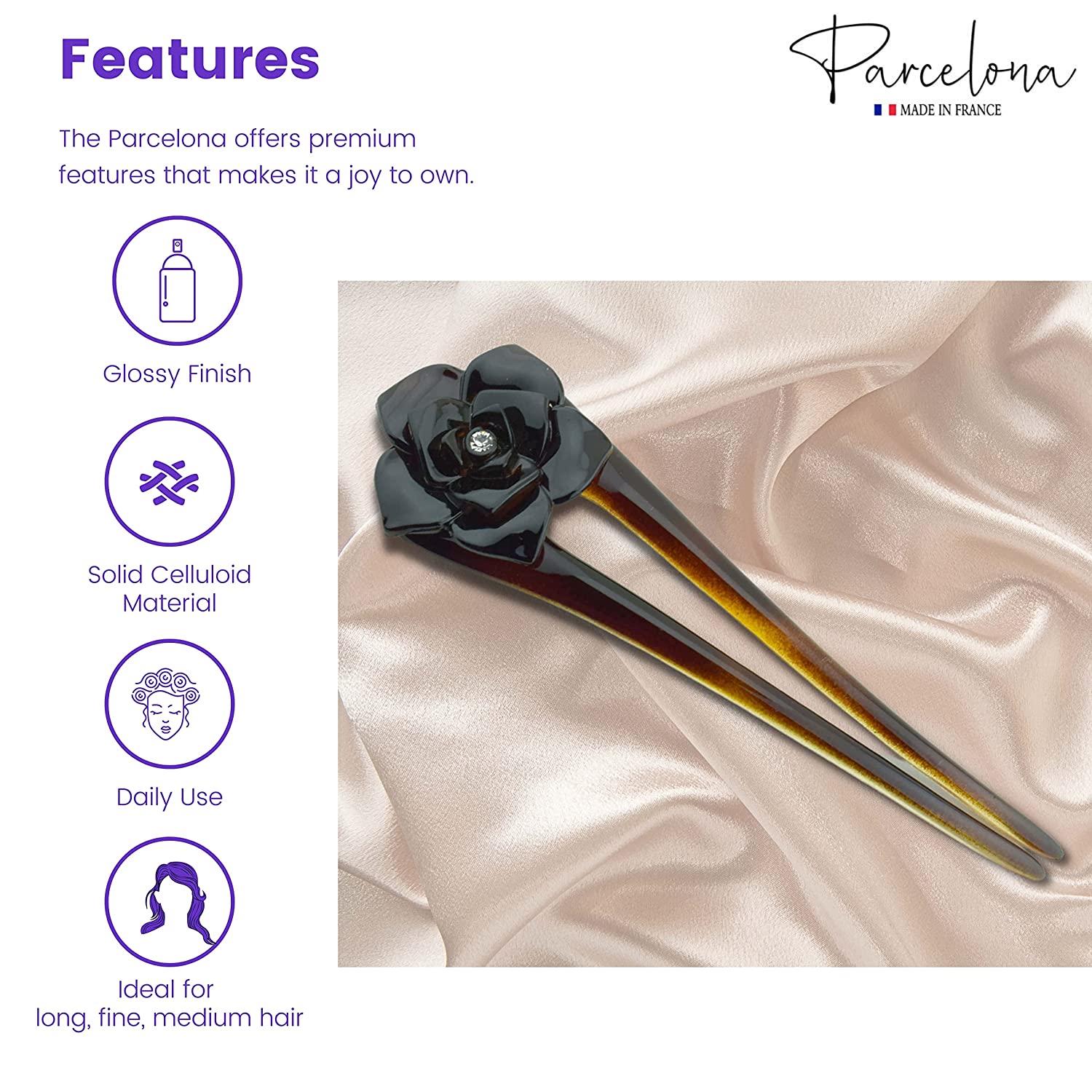 Parcelona French Large 5" U-Shaped Crystal Brown Cellulose Twist Stick Pin