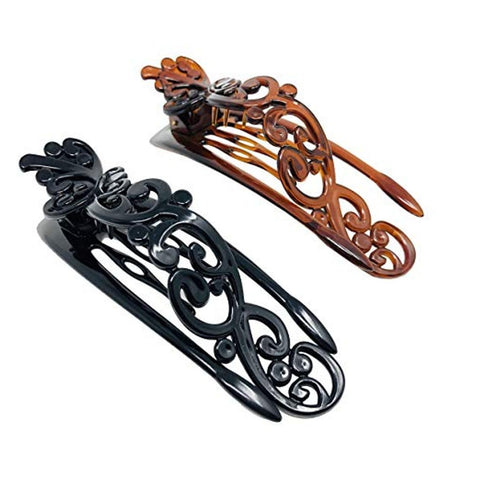 Parcelona French Floral Shell N Black Side Slide Beak Hair Claw Clip- Set of 2