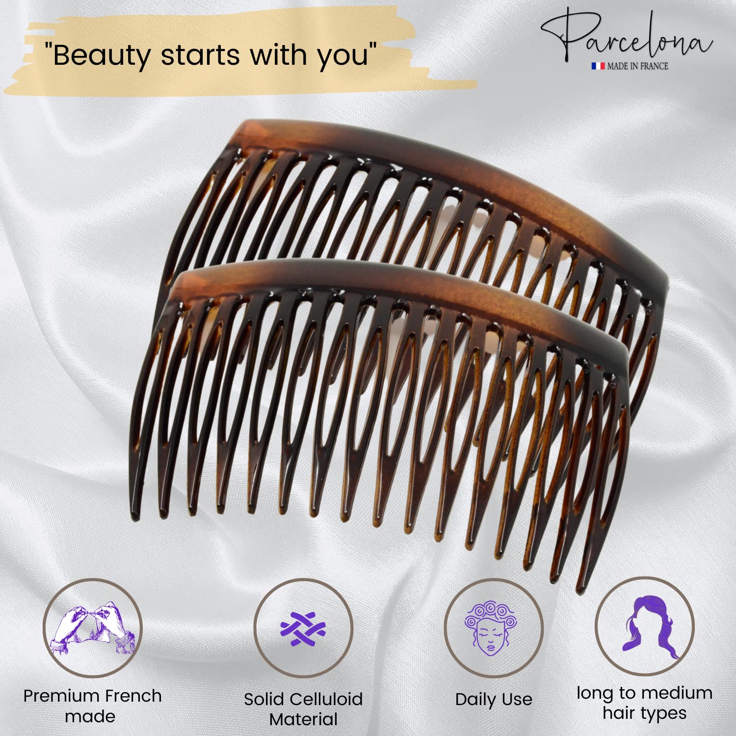 Parcelona French Glossy Shell Medium Celluloid 16 Teeth Side Hair Combs (2 Pcs)