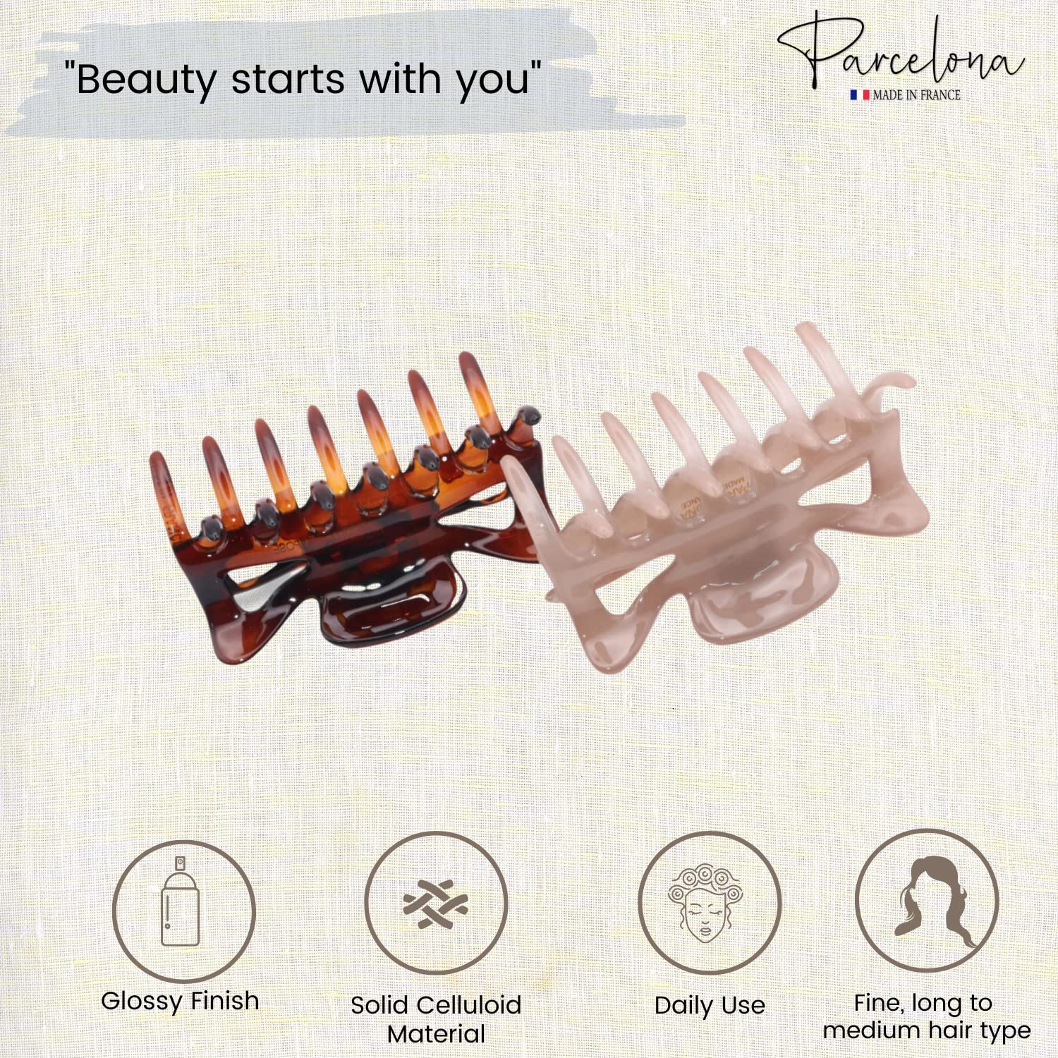 Parcelona French Classic 3" Medium Celluloid Hair Claws for Women & Girls (2Pcs)