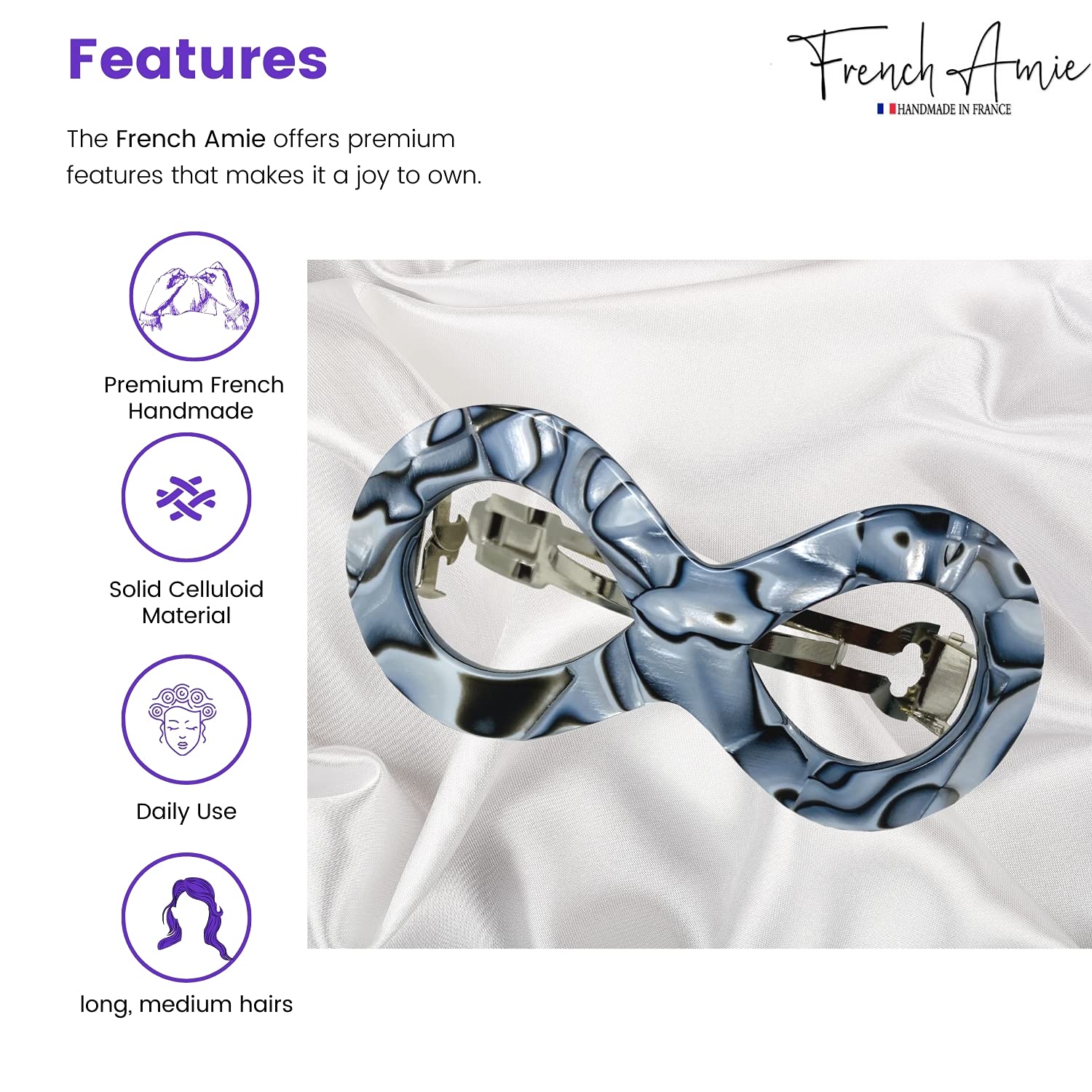 French Amie Infinity Loop 3” Cellulose Handmade Automatic Hair Barrette