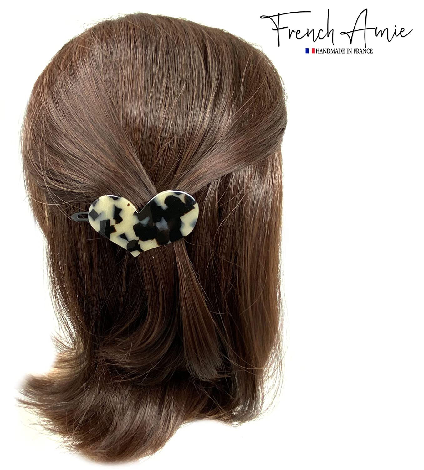 French Amie Cupid Hearts Small Celluloid Metal Free Snap Hair Clips - 2 Pcs