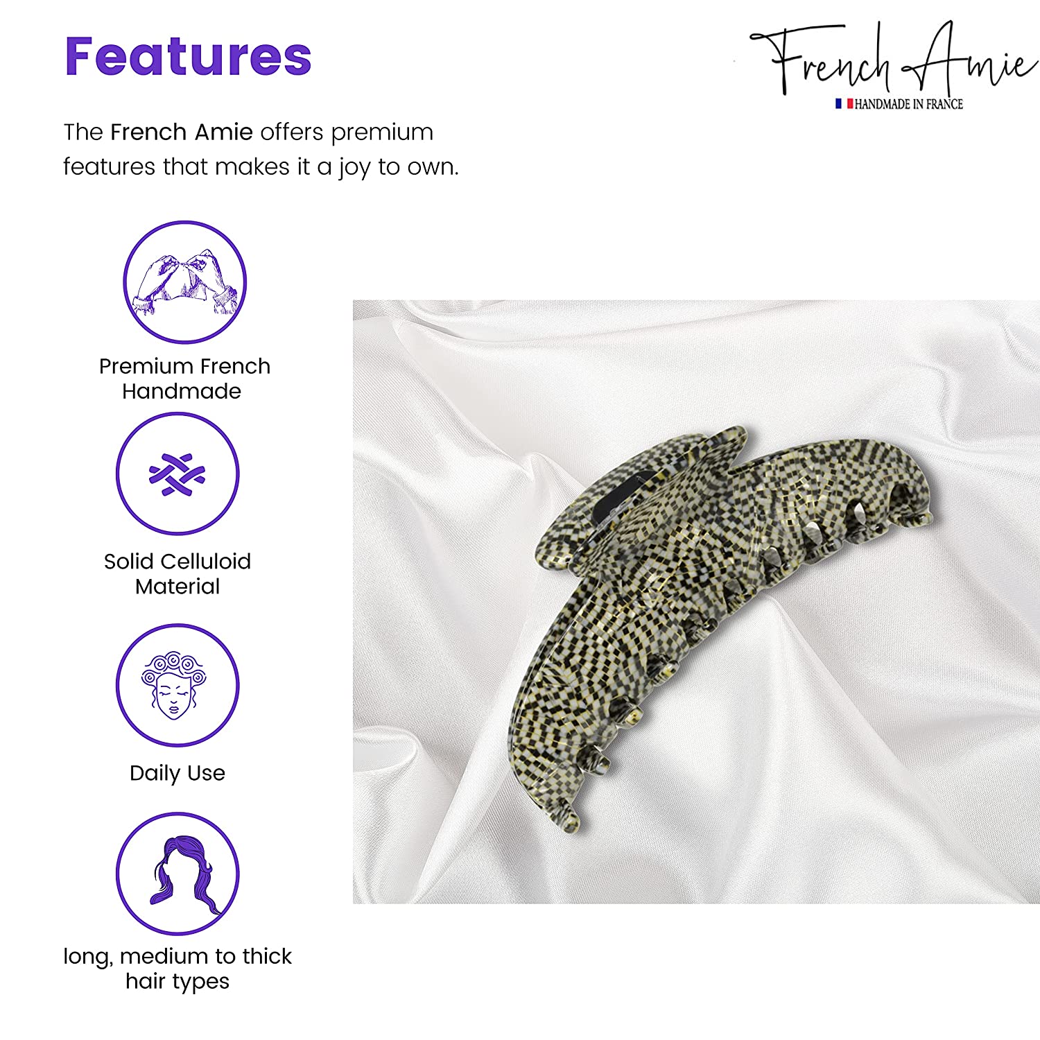 French Amie Contour Large 4 ¾” Cellulose Handmade Jaw Hair Claw Clip for Women